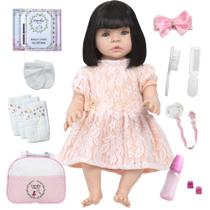 Boneca Reborn Gatinha Baby Morena Olhos Azuis Vestido Salmão