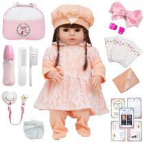 Boneca Reborn Gatinha Baby Vestido Salmão + Bolsa 20 Itens Boneca Reborn Gatinha Baby Vestido Salmão + Bolsa 20 Itens