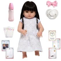 Boneca Reborn Gatinha Morena Vestido Branco Completa + Itens