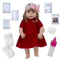 Boneca Reborn Gatinha Vestido Vermelho + Kit Acessórios