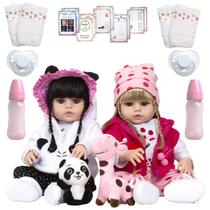 Boneca Reborn Gêmeas 100% Silicone Panda Girafa Pode Banho