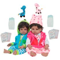 Boneca Reborn Gêmeos Cabelo Cacheado Com Girafa Pelúcia Boneca Reborn Gêmeos Cabelo Cacheado Com Girafa Pelúcia
