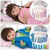 Boneca Reborn Gêmeos de Silicone Pode Dar Banho + Itens