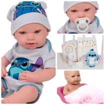 Boneca Reborn Larinha 43cm Pode Dar Banho Kit Roupa Stitch