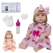 Boneca Reborn Loira 100% Silicone Vestido Flamingo Rosa