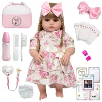 Boneca Reborn Loira Com Vestido Florido Diversos Acessórios