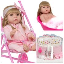 Boneca Reborn Loira Linda Com Pijama Rosa Carrinho 21 Itens