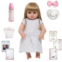 Boneca Reborn Loira Olho Castanho Vestido Branco 13 Itens