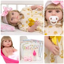 Boneca Reborn Loira Realista Vestido Coroa Kit 13 Itens