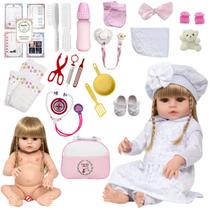 Boneca Reborn Loira Vestido Branco Fofa Com Acessórios Luxo Boneca Reborn Loira Vestido Branco Fofa Com Acessórios Luxo