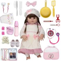 Boneca Reborn Menina Cabelo Castanho Grande + Itens Enxoval