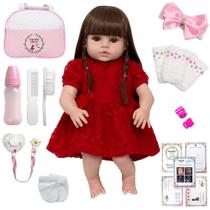 Boneca Reborn Menina Cabelo Longo Com Lindo Vestido Vermelho