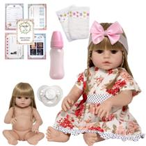 Boneca Reborn Menina Loira 100 % Silicone e 13 Acessórios