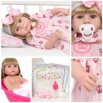 Boneca Reborn Menina Loira Realista Vestido Coroa 13 Itens