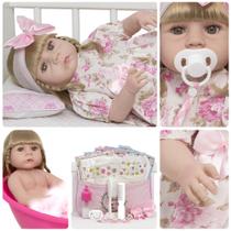 Boneca Reborn Menina Loira Vestido Florido Bolsa 20 Itens