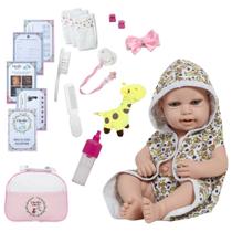 Boneca Reborn Menina Realista Careca Roupão Girafa + Bolsa