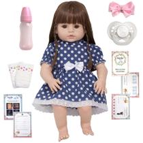 Boneca Reborn Menina Realista Vestido Bolinha + Acessórios