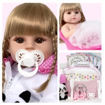 Boneca Reborn Menina Recem Nascida Pandinha Loira Pode Banho