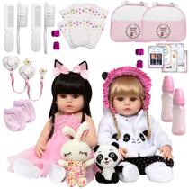 Boneca Reborn Meninas Gêmeas Enxoval Completo Panda Coelha