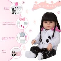 Boneca Reborn Morena 100% Silicone Panda Fala Bolsa 22 Itens