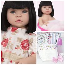 Boneca Reborn Morena Olhos Azuis 46cm 100% Vinil Kit Itens