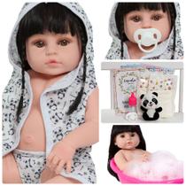 Boneca Reborn Morena Roupão Panda Com Kit 13 Acessórios