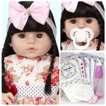 Boneca Reborn Morena Silicone Real Vestido Florido 13 Itens - Cegonha Reborn Dolls