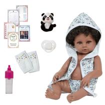 Boneca Reborn Negra Cabelo Cacheado 100% Vinil Roupão Panda Boneca Reborn Negra Cabelo Cacheado 100% Vinil Roupão Panda