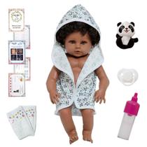 Boneca Reborn Negra Enxoval Saída de Banho Panda Com Pelúcia