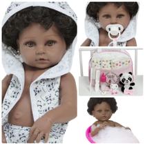 Boneca Reborn Negra Enxoval Saída de Banho Panda Completo