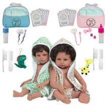 Boneca Reborn Negra Gêmeos Realista Roupão Bichinhos 46cm