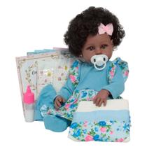 Boneca Reborn Negra Realista Vestido Azul 46cm Pode Banho