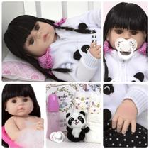 Boneca Reborn Panda Corpo de Silicone 13 Acessórios Morena