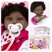 Boneca Reborn Pretinha Girafa Cabelo Cacheado Com Itens Luxo