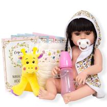 Boneca Reborn Princesa Morena Completa Kit Itens Girafa Fofa