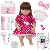 Boneca Reborn Real Gatinha Vestido de Bolinha Bolsa 20 Itens