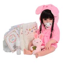 Boneca Reborn Realista 46cm Morena Roupão Coelhinho Itens