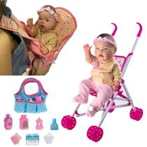 Boneca Reborn Realista + Canguru + Carrinho Baby e Bolsinha