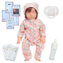 Boneca Reborn Realista Fio a Fio Olho Fechado Macacão Flor