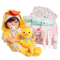 Boneca Reborn Realista Fio a Fio Patinho Pelúcia Bolsa Itens
