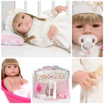 Boneca Reborn Realista Loira Vestido Bege Enxoval Completo Boneca Reborn Realista Loira Vestido Bege Enxoval Completo