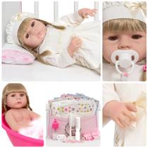 Boneca Reborn Realista Loira Vestido Bege Enxoval Completo Boneca Reborn Realista Loira Vestido Bege Enxoval Completo