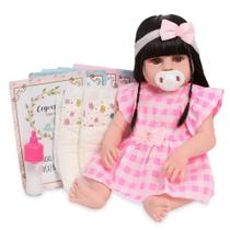Boneca Reborn Realista Morena 46cm Vestido Xadrez Rosa Boneca Reborn Realista Morena 46cm Vestido Xadrez Rosa