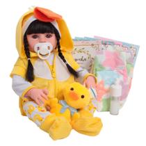 Boneca Reborn Realista Morena Roupa Pato 46cm Pode Banho