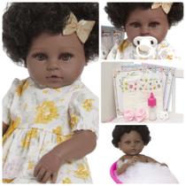 Boneca Reborn Realista Negra Banho Vestido Florido Linda