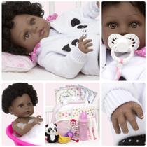 Boneca Reborn Realista Negra Linda Enxoval Panda Itens Luxo