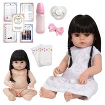 Boneca Reborn Recém Nascida Morena Com Enxoval Baby 13 Itens