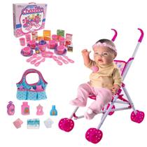 Boneca Reborn Roupinha Rosa + Kit Acessórios de Passeio - Milk Brinquedos