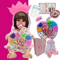 Boneca Reborn Silicone Bebê Realista Menina Itens Linda Enxoval + Kit de Miçangas Completo Lol Pode dar Banho Brinquedos Para Caixa Corpo Siliconado