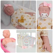 Boneca Reborn Silicone Recém Nascida Dormindo Vestido Itens